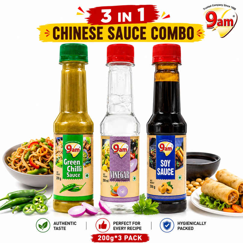 9am Soya Sauce + Green Chilli + Vinegar Combo, Cooking Essentials Pack
