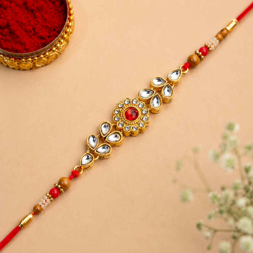 Traditional Red Stone Rakhi for Brother | Kundan | Pack of 1 | Bandhan
