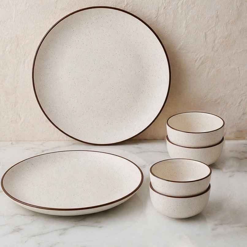 The Earth Store Creme Matte Dinner Set, 2 Full Plates 4 Vegetable Bowls