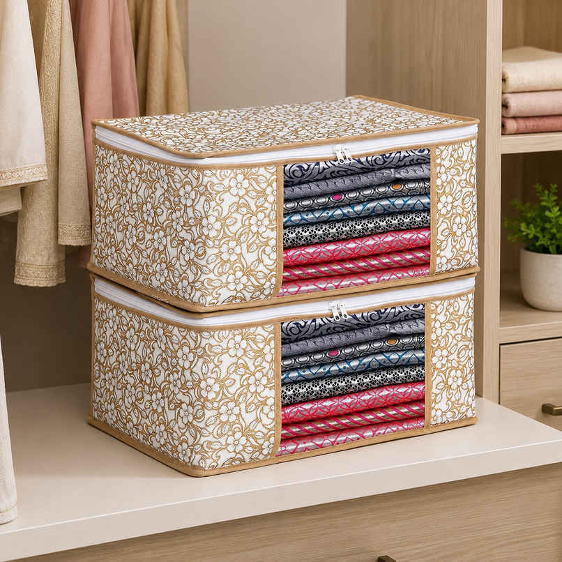 Perpetual Saree Organizer for Wardrobe | Foldable Saree Covers with Zip | Beige | Pack of 2 Perpetual Saree Organizer for Wardrobe | Foldable Saree Covers with Zip | Beige | Pack of 2