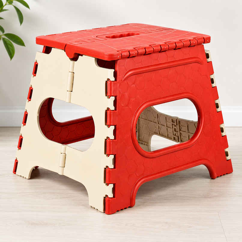 Zedak Foldable Stool with Carry Handle | Portable Multipurpose Folding Stool for Home | Red & Beige Zedak Foldable Stool with Carry Handle | Portable Multipurpose Folding Stool for Home | Red & Beige