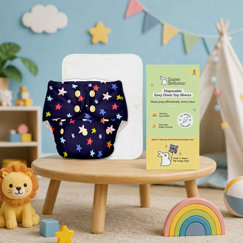 SuperBottoms Basic Reusable Cloth Diaper with Ultra Thin pad & 5 Disposable Top Sheets | Free Size