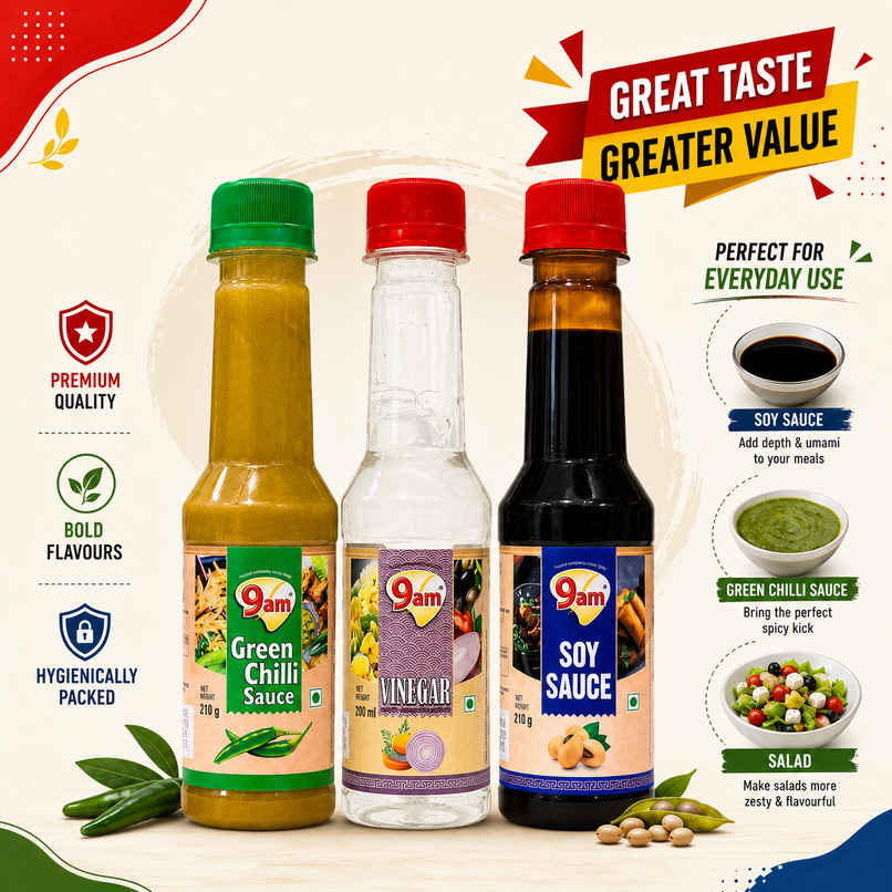 9am Soya Sauce + Green Chilli + Vinegar Combo, Cooking Essentials Pack
