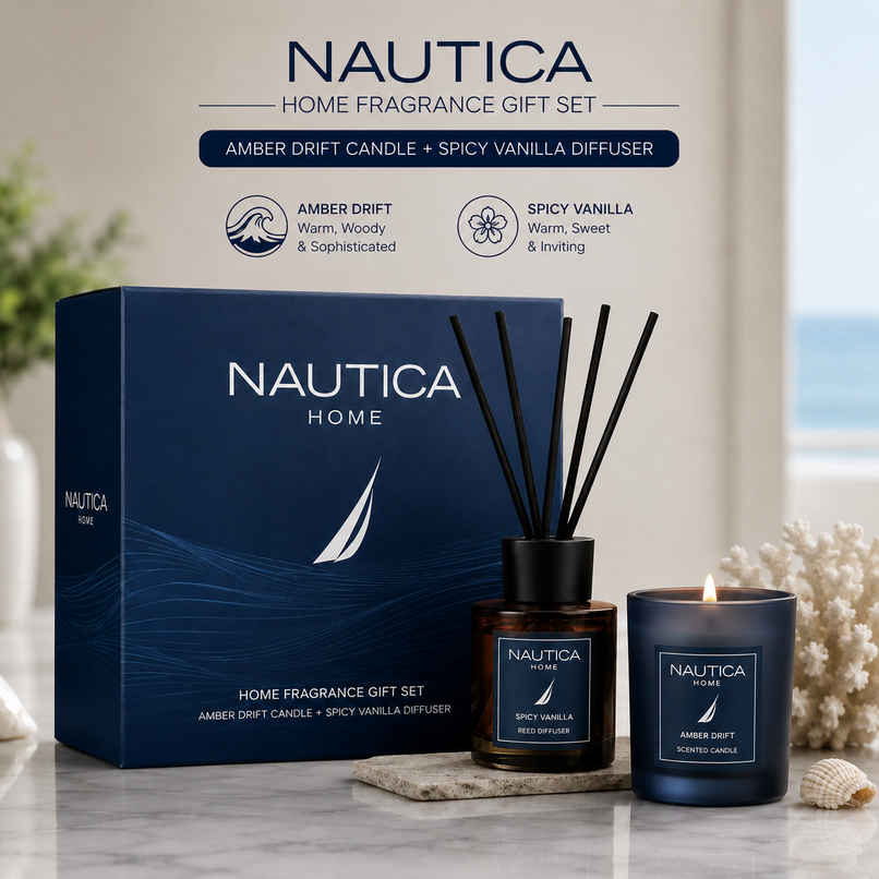 Nautica Home Fragrance Gift Set Amber Drift Candle and Spicy Vanilla Diffuser