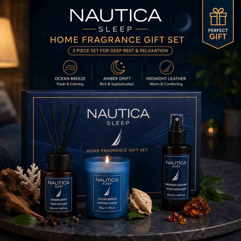 Nautica Sleep Gift Box Ocean Breeze Candle and Amber Drift Diffuser and Midnight Leather Room Freshner