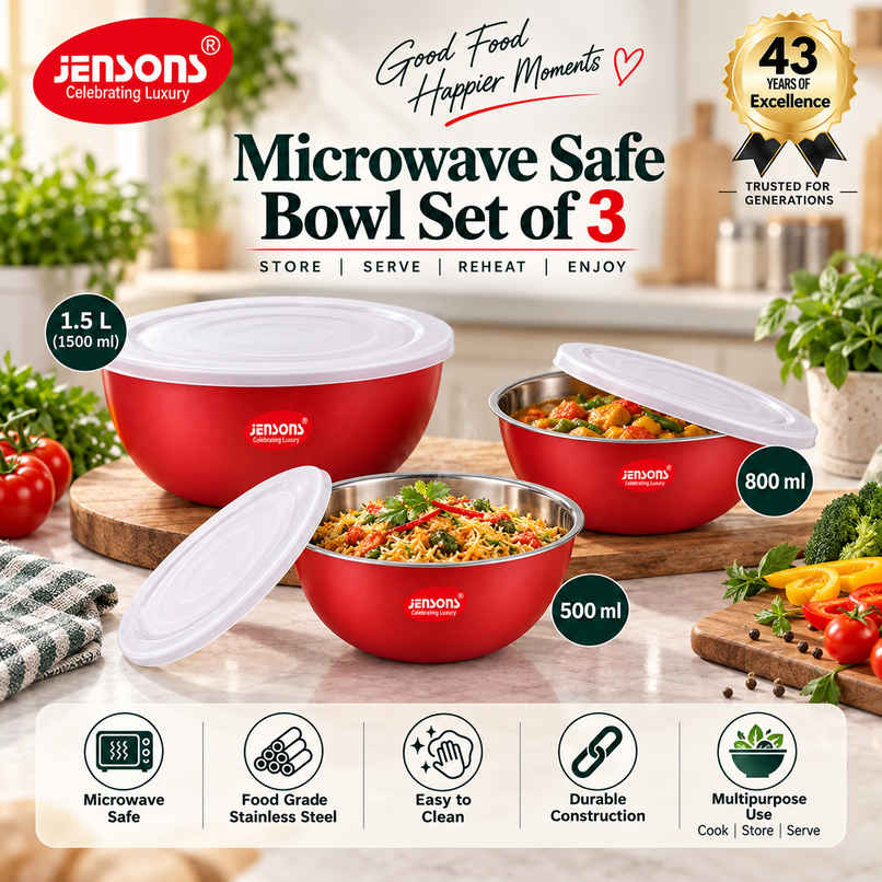 Jensons Microwave Safe  Bowl Set of 3 | Stainless Steel Bowls | Ovan Safe | with Lid