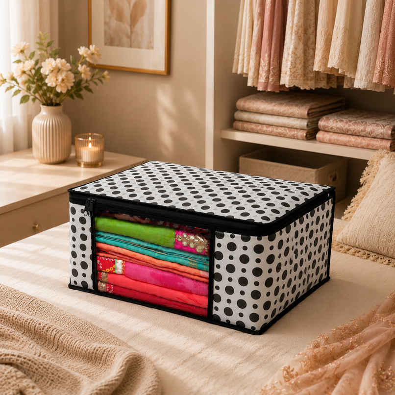 Perpetual Saree Organizer - Foldable Cover with Zip | Transparent Window | PolkaDot | Pack of 1