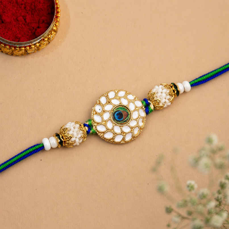 Peacock Colorful Feather Pearls Designer Rakhi for Brother, Bhai, and Bhaiya with Roli Chawal | Meenakari | Pack of 1 | Ecraftindia