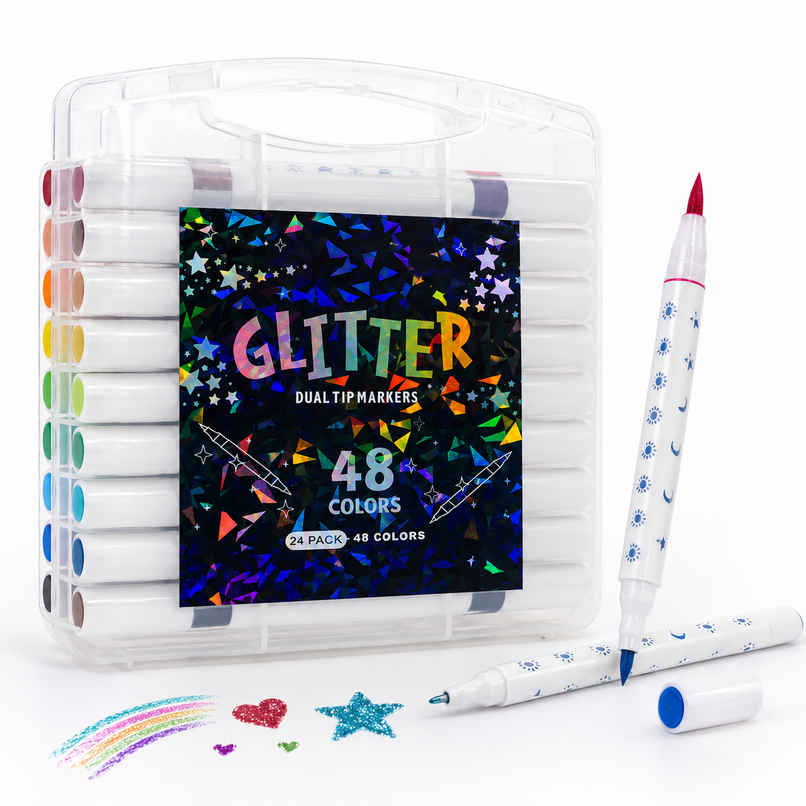 Fablue Glitter Dual Tip Marker Set | Coloring Pens with Carry Case | Art & Craft Supplies | 48 Color Shades Fablue Glitter Dual Tip Marker Set | Coloring Pens with Carry Case | Art & Craft Supplies | 48 Color Shades