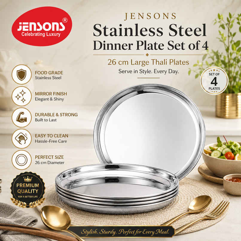 Jensons Stainless Steel Dinner Plate Set of 4 | 26cm Large Thali Plates | Food Grade Steel