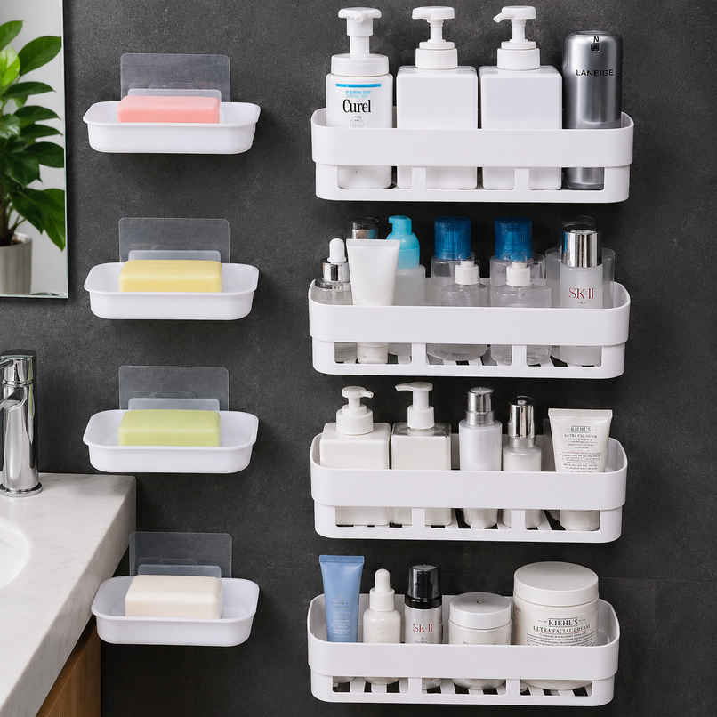 Perpetual Bathroom 4Shelf + 4Soap Dish Holder | Self-Adhesive Rack for Wall Perpetual Bathroom 4Shelf + 4Soap Dish Holder | Self-Adhesive Rack for Wall