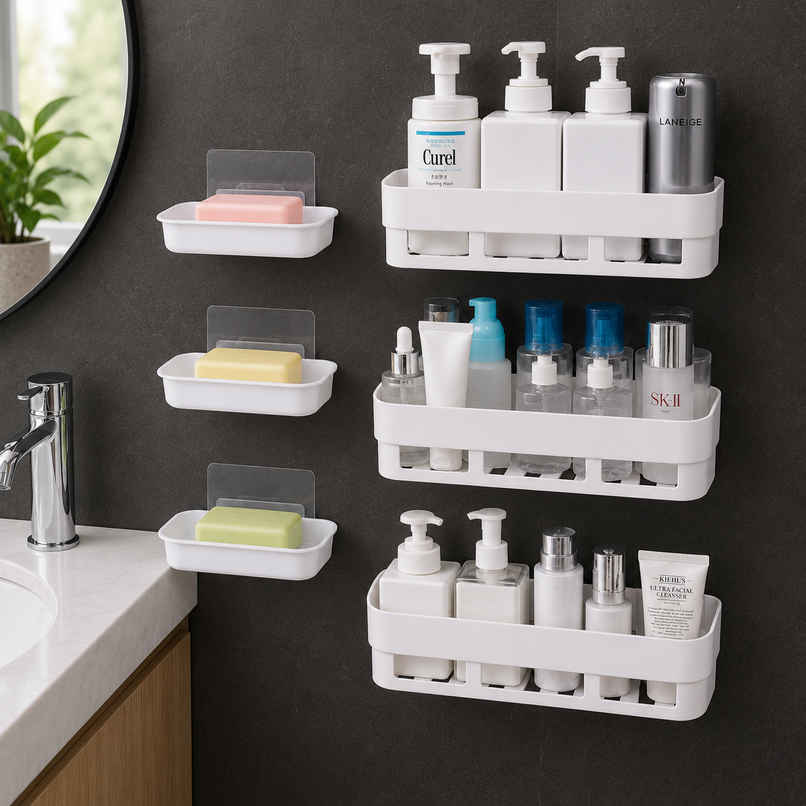 Perpetual Bathroom 3Shelf + 3Soap Dish Holder | Self-Adhesive Rack for Wall | Pack of 6 Perpetual Bathroom 3Shelf + 3Soap Dish Holder | Self-Adhesive Rack for Wall | Pack of 6