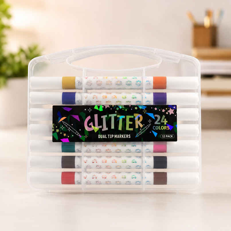 Fablue Glitter Dual Tip Marker Set | Coloring Pens with Carry Case | Art & Craft Supplies | 24 Color Shades Fablue Glitter Dual Tip Marker Set | Coloring Pens with Carry Case | Art & Craft Supplies | 24 Color Shades