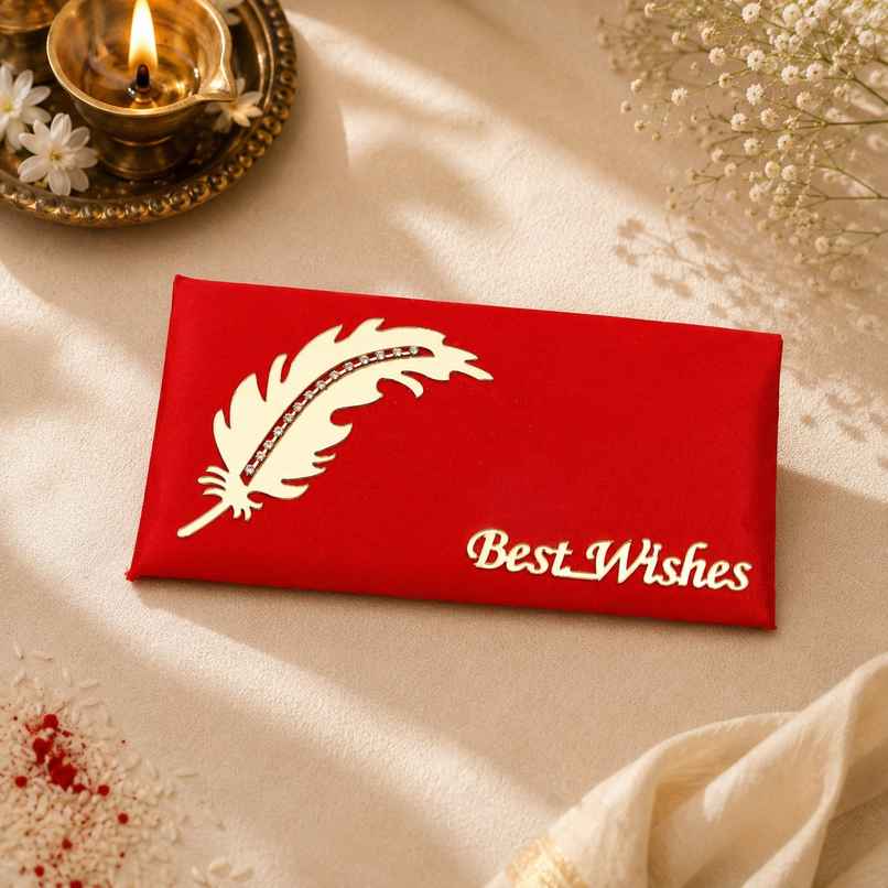 Archies Red Fabric Shagun Envelope with Feather and Best Wishes Archies Red Fabric Shagun Envelope with Feather and Best Wishes