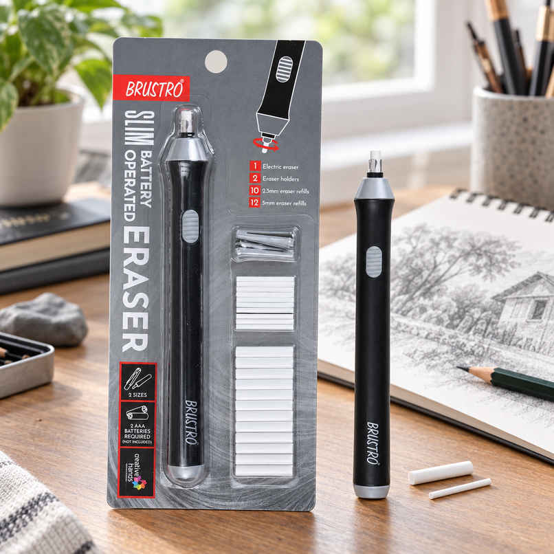 Brustro Slim Battery Operated Automatic Eraser - With 22 Refills And 2 Eraser Holders