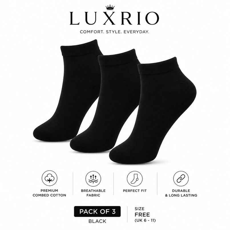 Luxrio Men's Solid Ankle Length Cotton Socks | SCK-21-3-PK-ANKL-BLK | Black - Free Size Luxrio Men's Solid Ankle Length Cotton Socks | SCK-21-3-PK-ANKL-BLK | Black - Free Size