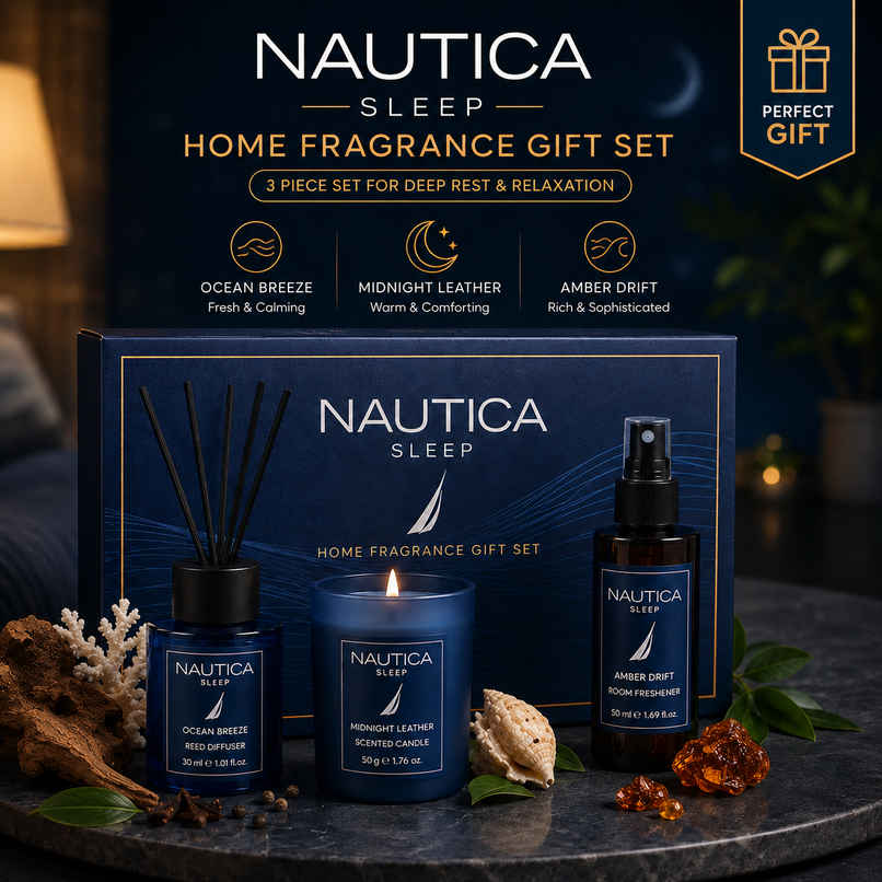 Nautica Sleep Gift Box Midnight Leather Candle and Ocean Breeze Diffuser and Amber Drift Room Freshner