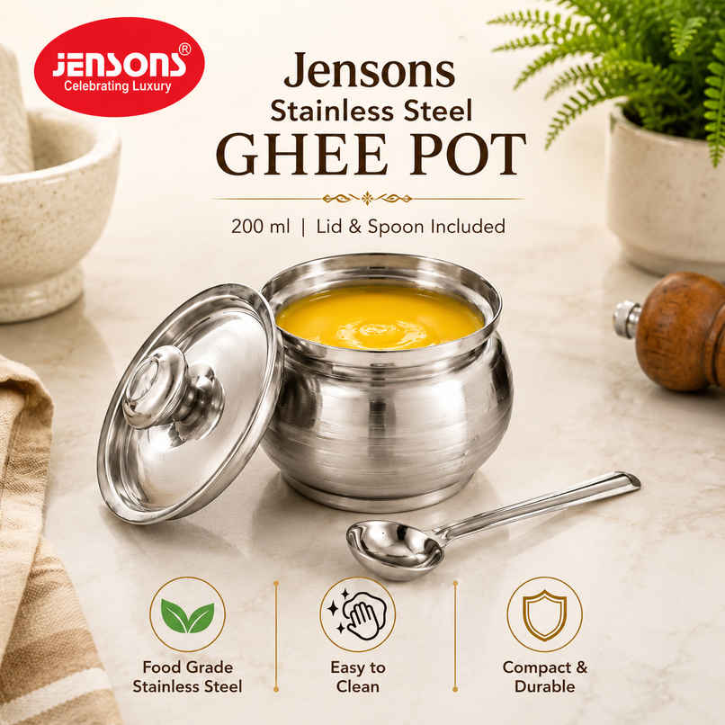 Jensons Stainless Steel Ghee Pot with Lid 200ml | Food Grade Storage for Ghee Oil & Pooja