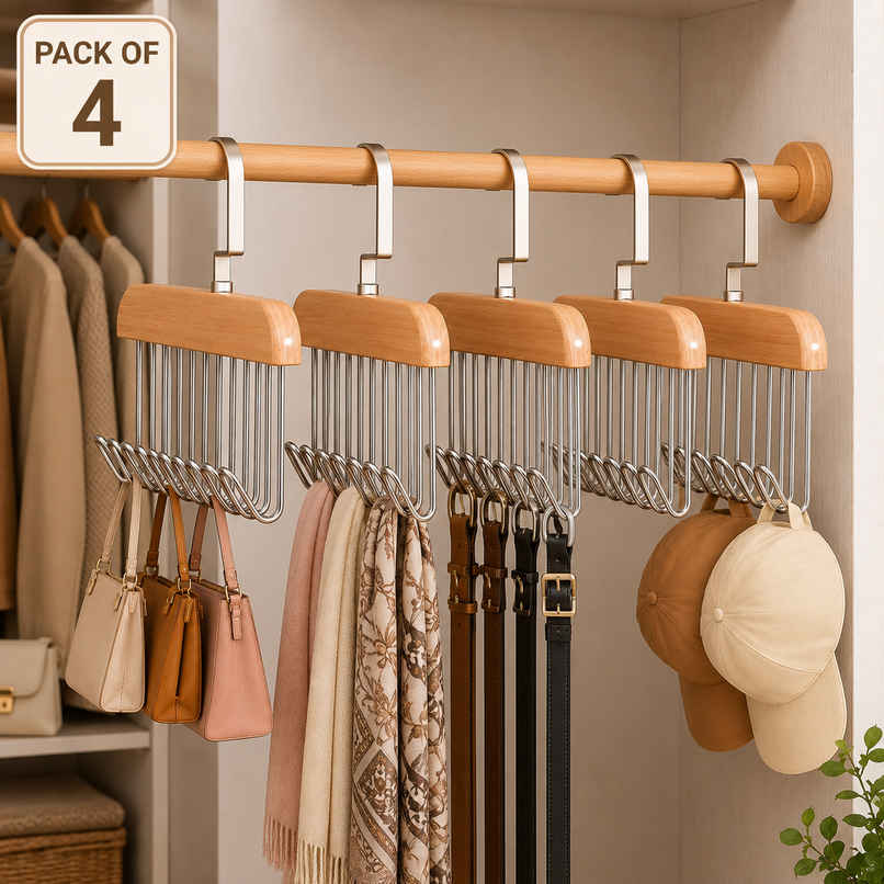 Perpetual Wooden Hangers | Adjustable 8-Hook Wardrobe Hanger for Accessories | Pack of 4