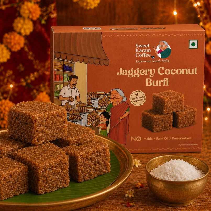 Sweet Karam Coffee Jaggery Coconut Burfi | No Preservatives Sweet Karam Coffee Jaggery Coconut Burfi | No Preservatives