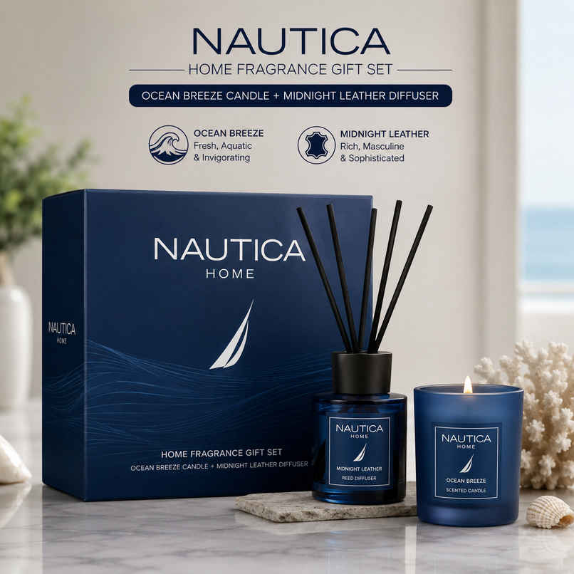 Nautica Home Fragrance Gift Set Ocean Breeze Candle and Midnight Leather Diffuser