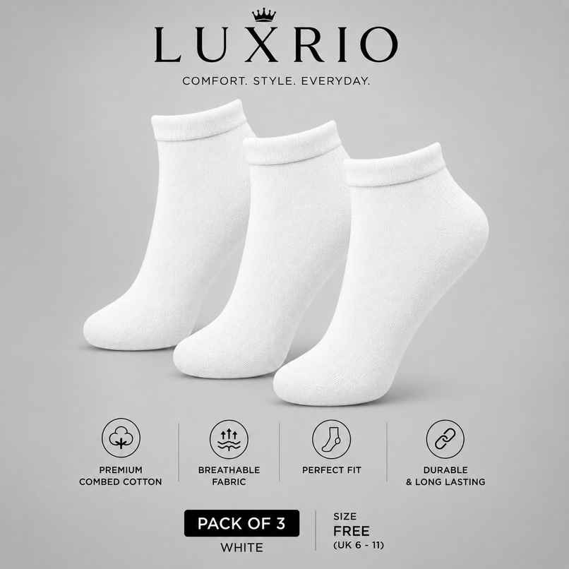 Luxrio Men's Solid Ankle Length Cotton Socks | SCK-22-3-PK-ANKL-WHT | White - Free Size