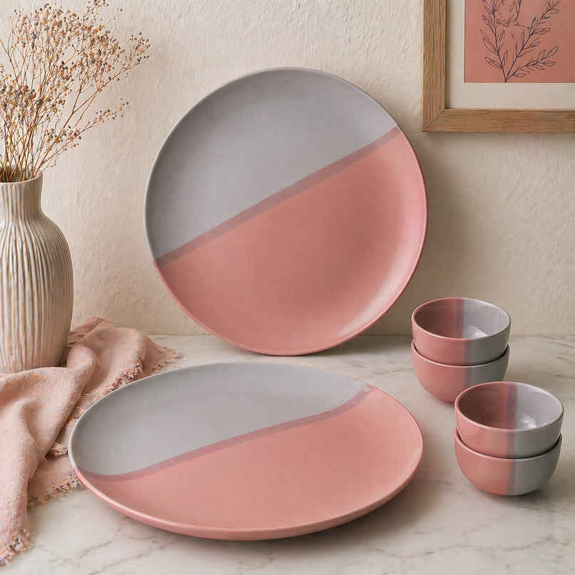 The Earth Store DT Grey Pink Dinner Set, 2 Full Plates 4 Vegetable Bowls The Earth Store DT Grey Pink Dinner Set, 2 Full Plates 4 Vegetable Bowls