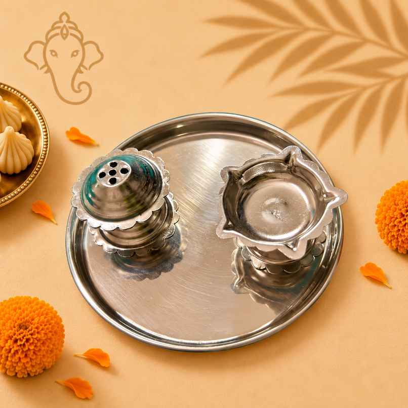 Stainless Steel Thali with Diya & Agarbatti Stand | Mangal Bhawan Stainless Steel Thali with Diya & Agarbatti Stand | Mangal Bhawan