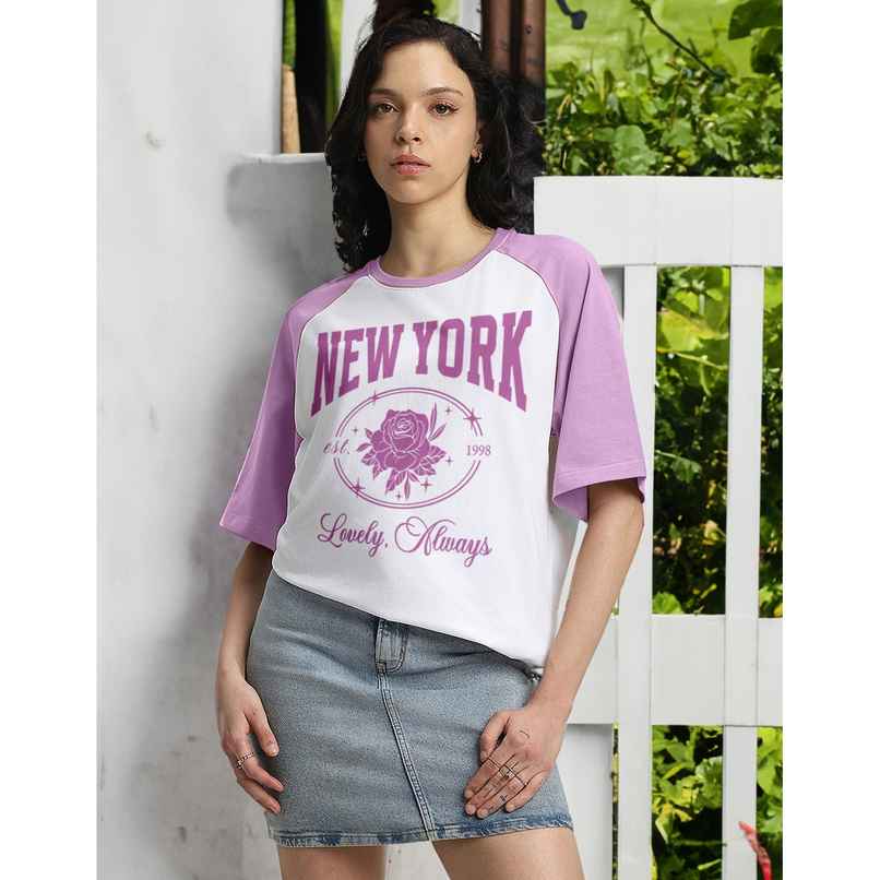 Juneberry Women s Typographic Front Print White T-shirt - S | White-Lavender