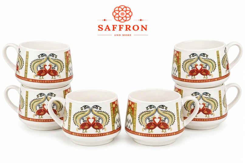 Saffron Peacock Royale Printed Ceramic Tea Cup Saffron Peacock Royale Printed Ceramic Tea Cup