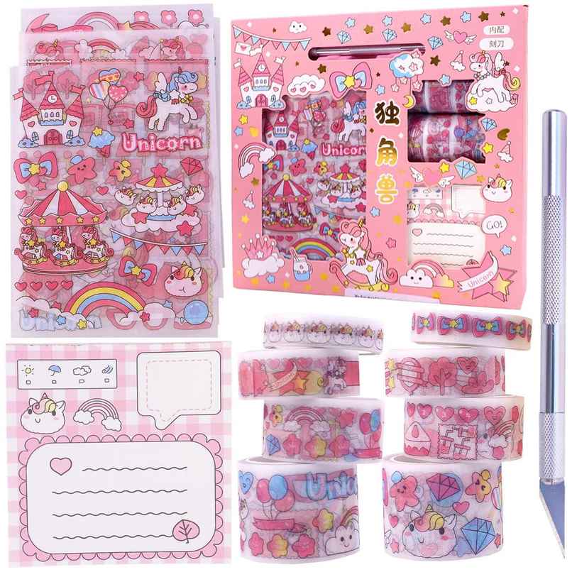 Toyshine Cute Unicorn Washi Tape Set | 8 Rolls-10 Stickers-1 Notepad-1 Cutting tool