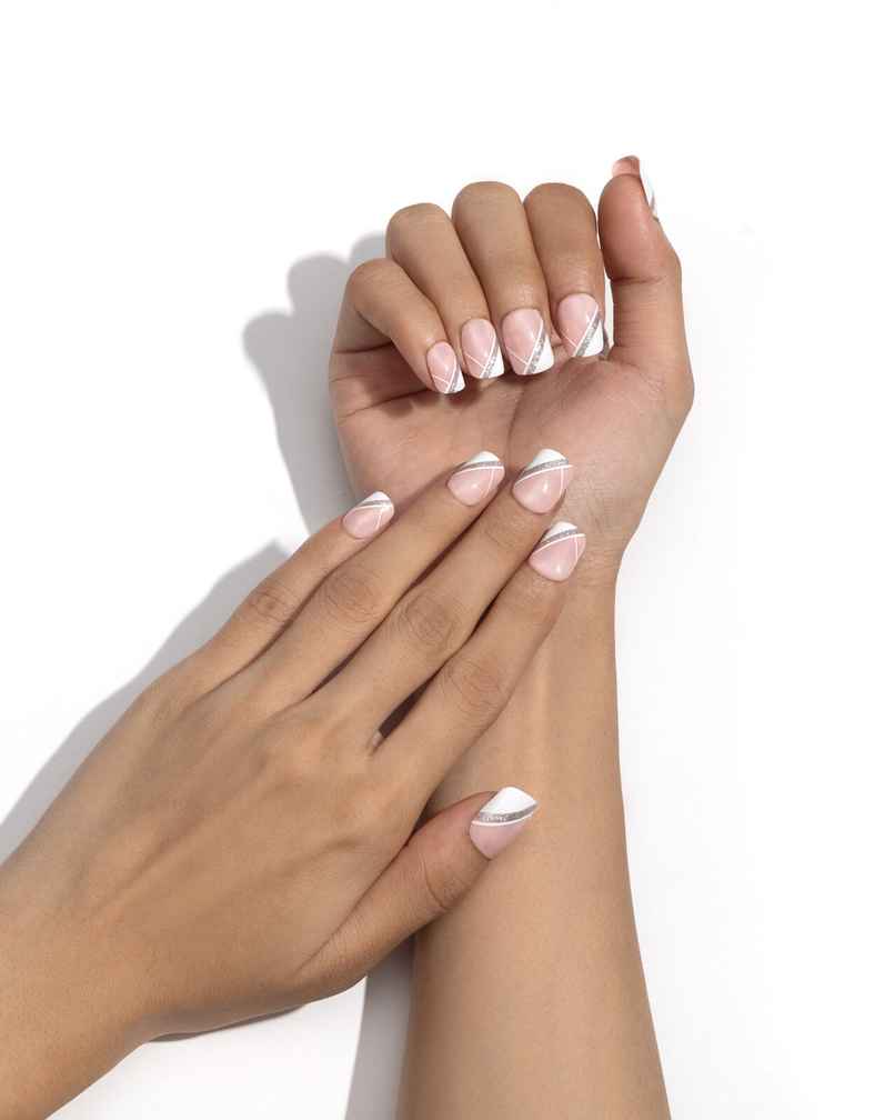 Pep Nails | Luxie Tips | Medium Square Nude French | Glossy Glitter Press On Nails | 24 Tips
