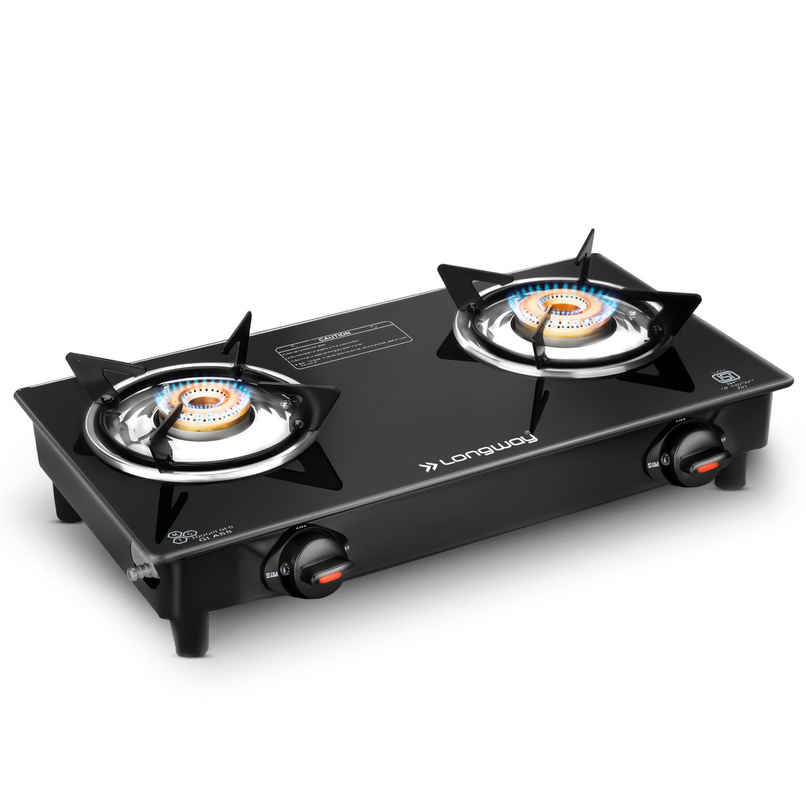 Longway Furn Glass Top, 2 Burner Manual Ignition Glass Gas Stove (Black)
