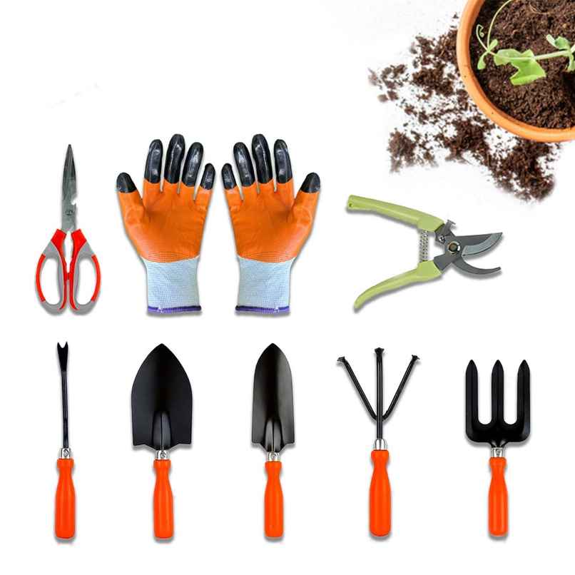 Cinagro Garden Tools - 8 Pcs, Weeder, 2 Trowels, Hand Fork, Cultivator, Scissors, Pruner, Gloves