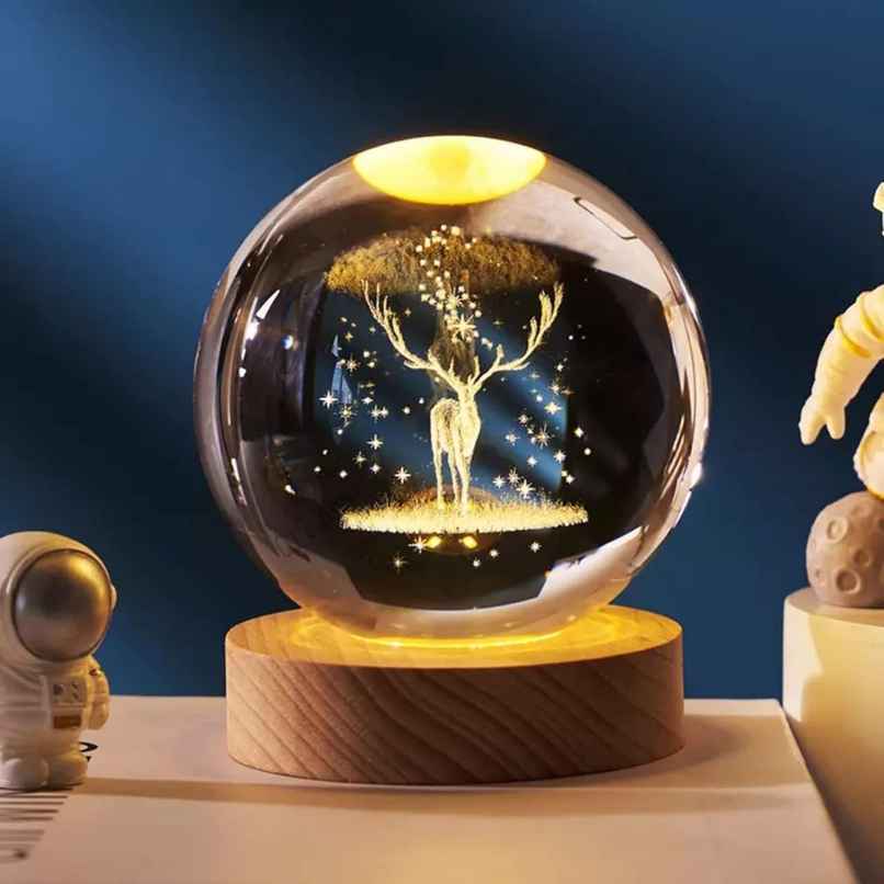 Hashwow Deer 3D Crystal Ball Night Light | 2.4 Inch LED Glass Lamp with Wooden Base|Gift