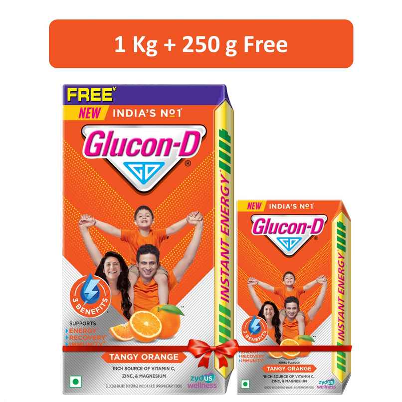 Glucon-D Tangy Orange with 3 Benefits of Energy, Recovery, and Immunity (Get 250 g Pack Free)