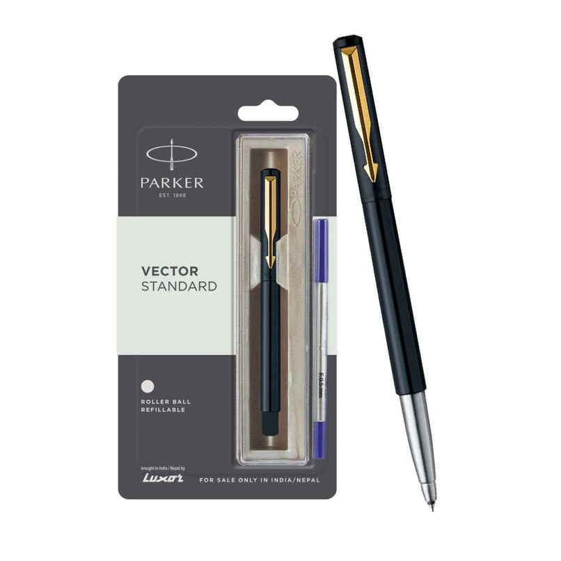 Parker Vector Standard Gold Trim Roller Ball Pen | Blue Ink | Writing Companion