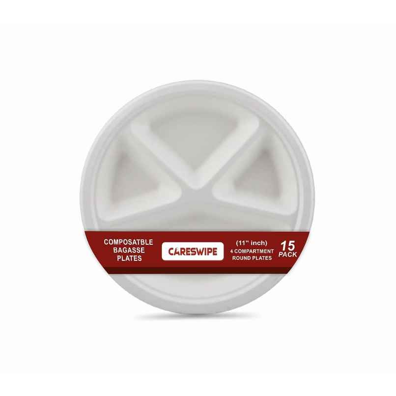 Sugarcane Fibre Disposable Plate | 11 inch | Round | 4 Compartments Sugarcane Fibre Disposable Plate | 11 inch | Round | 4 Compartments