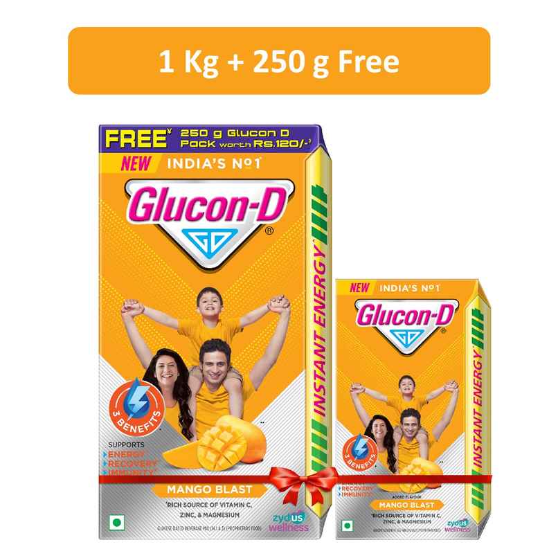 Glucon-D Mango Blast with 3 Benefits of Energy, Recovery, and Immunity (Get 250 g Pack Free)