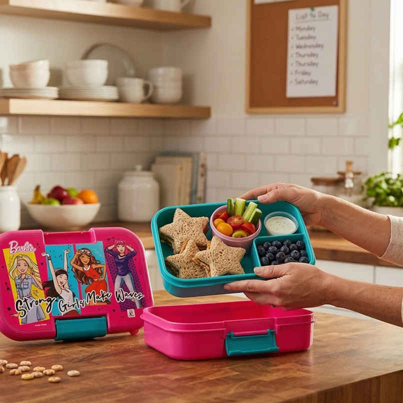 Striders Barbie Double Compartment Lunch Box With Cutlerys Multicolor | 460 ml Striders Barbie Double Compartment Lunch Box With Cutlerys Multicolor | 460 ml