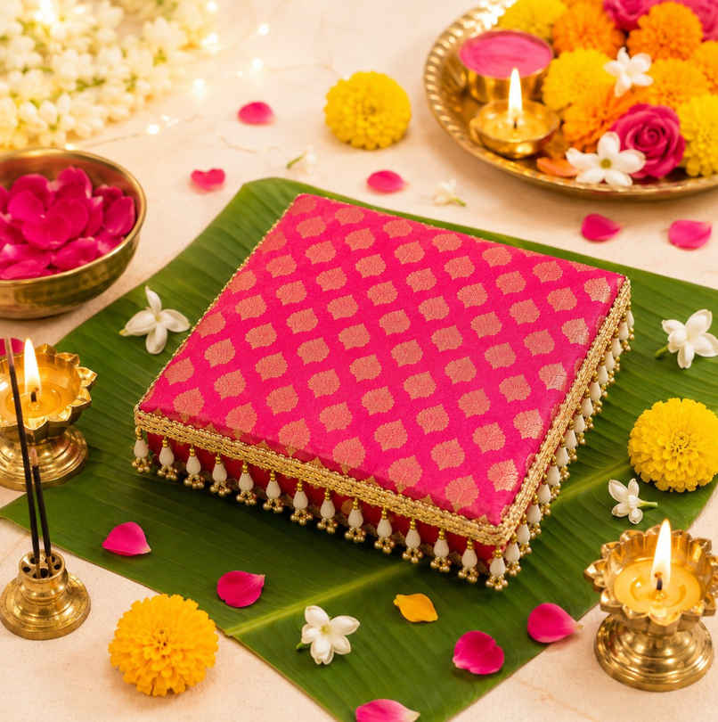 Pink Brocade and Pearl Regal Pooja Chowki Set | 7 x 7 inch | ServDharm