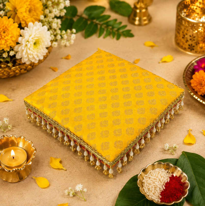 Yellow Brocade and Pearl Regal Pooja Chowki Set | 7 x 7 inch | ServDharm