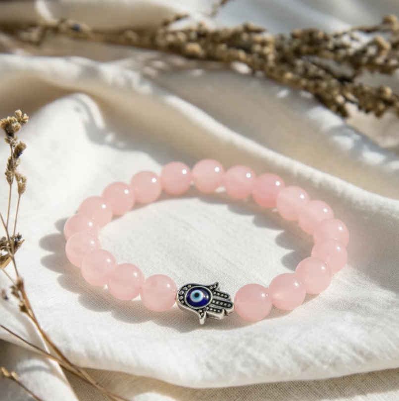 Rose Quartz Bracelet with Hamsa and Evil Eye 8 mm | Natural Gemstones | Pack of 1 | ServDharm Rose Quartz Bracelet with Hamsa and Evil Eye 8 mm | Natural Gemstones | Pack of 1 | ServDharm