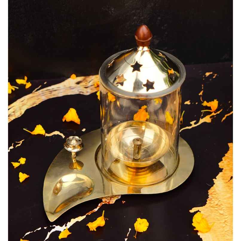 Brass And Glass Akhand Diya With Agarbatti Stand | Gold | ServDharm
