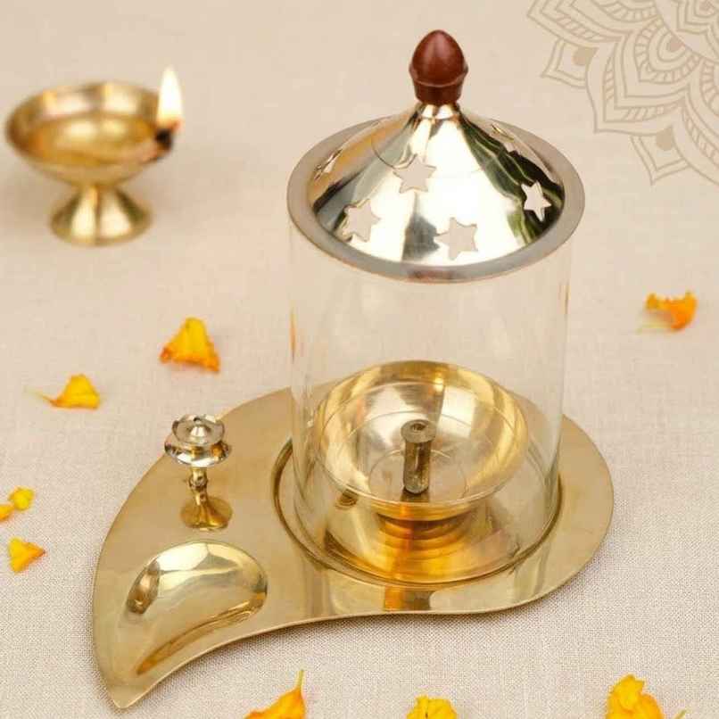 Brass And Glass Akhand Diya With Agarbatti Stand | Gold | ServDharm