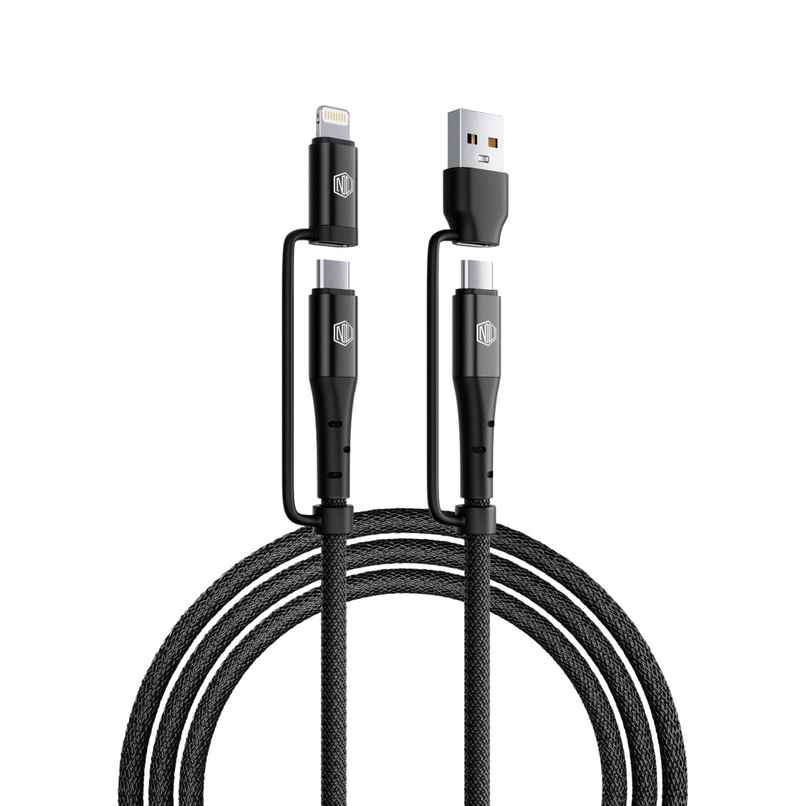 Nu Republic Blaze Quad 100W 4-in-one 1.2 m USB-A to Type-C to Type-C + Type-L Fast Charge Braided Cable (Compatible with Mobile, Tablet, Laptop, Speakers, Black, One Cable) - Black