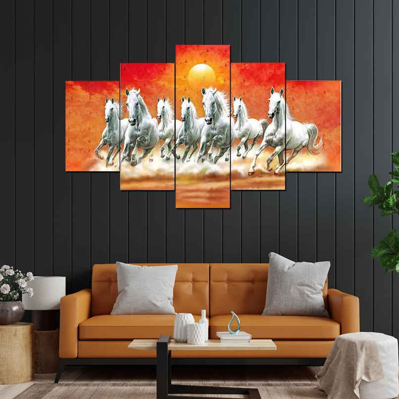 Perpetual Seven Horse Paintings for Wall Decoration | Set of 5 | 3D | 75 x 43 cm