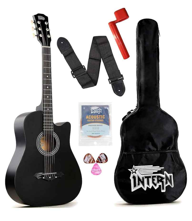 Intern Int-38C-Bk 38 Inch Right Hand Acoustic Guitar Kit, With Bag, Strings, Pick And Strap | Black