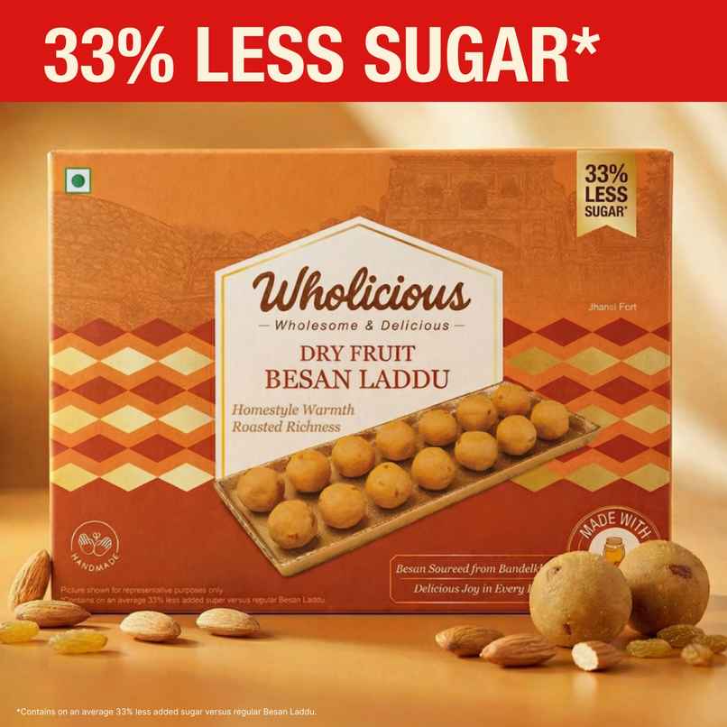 Wholicious Dry Fruit Besan Laddu | Pure Cow Ghee | Low Sugar | Besan Sourced From Bundelkhand Wholicious Dry Fruit Besan Laddu | Pure Cow Ghee | Low Sugar | Besan Sourced From Bundelkhand