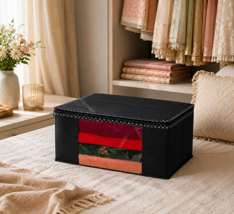 Perpetual Saree Organizer - Foldable Cover with Zip | Transparent Window | Black | Pack of 1